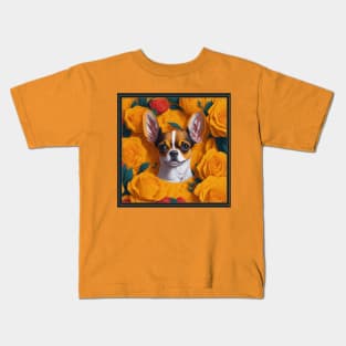 Dogs, Chihuahua and flowers, dog, style vector (yellow version 2 Chihuahua) Kids T-Shirt